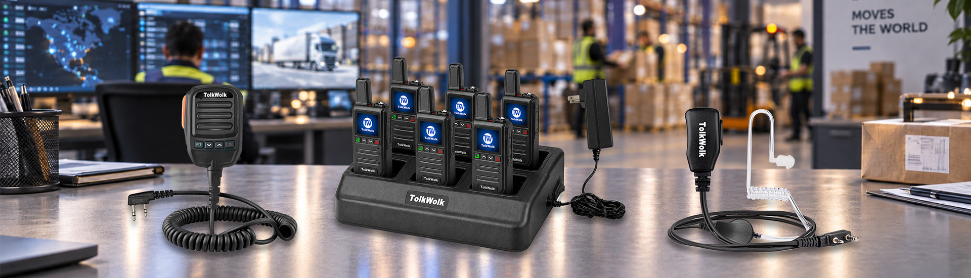 TolkWolk long range walkie talkies multi-charger set with speaker mics and earpieces for warehouse logistics team communication