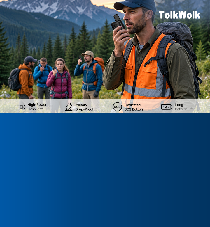 TolkWolk long range walkie talkies for outdoor hiking featuring military drop-proof design, high-power flashlight, and long battery life