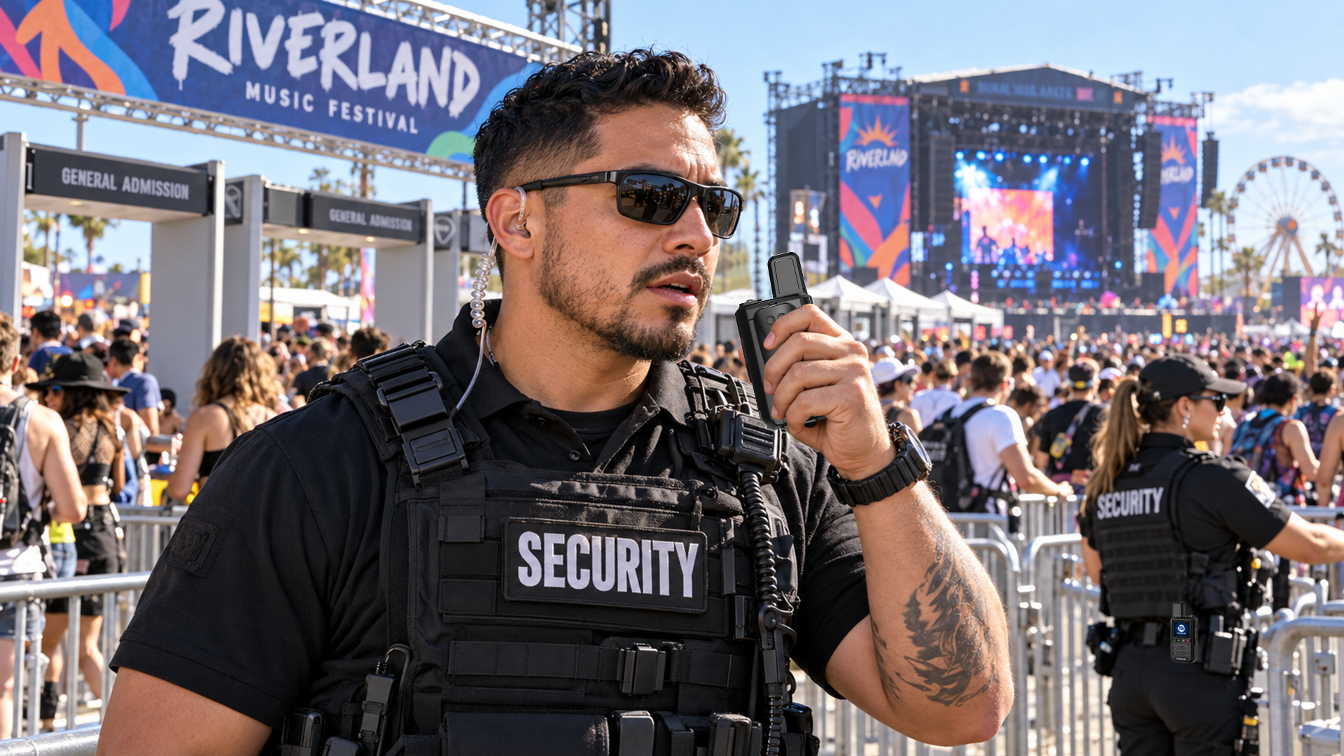 Event security coordinator using TolkWolk G16 4G LTE PoC walkie talkie behind main stage at a crowded music festival