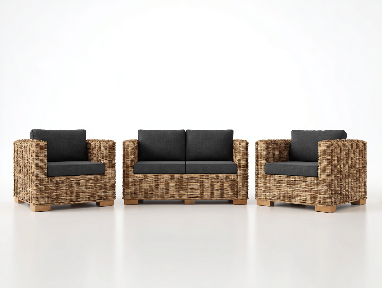 Sofás de exterior ratán sintético color marrón negro apto para jardín diseño moderno conjunto de 3 piezas-Luxegomart