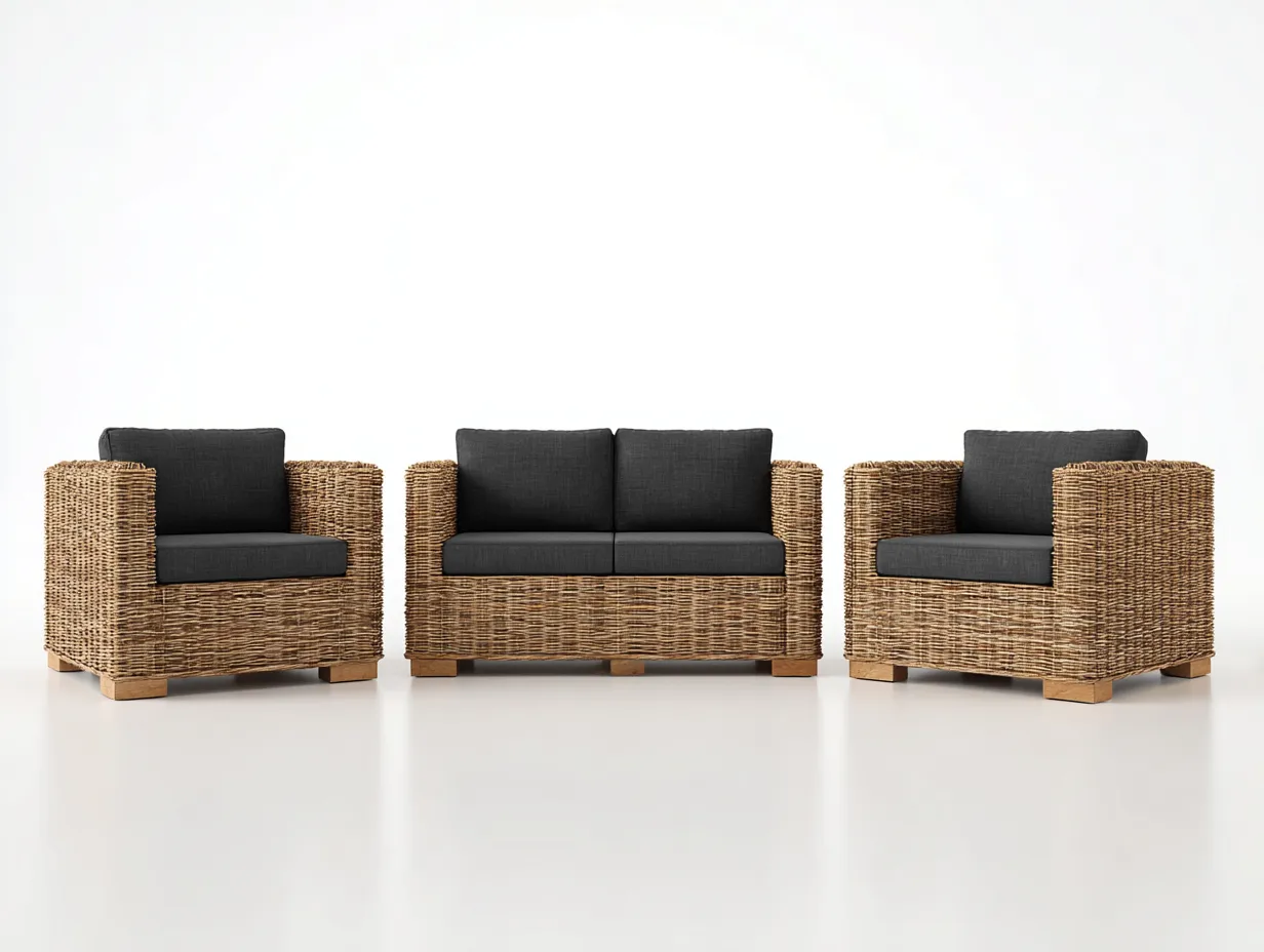 Sofás de exterior ratán sintético color marrón negro apto para jardín diseño moderno conjunto de 3 piezas-Luxegomart