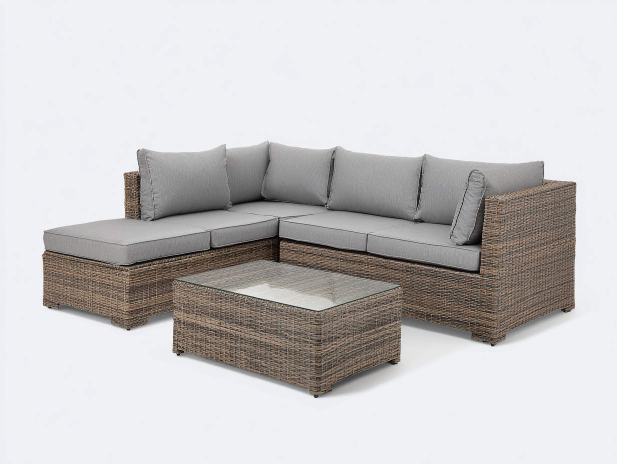 Sofás de exterior ratán sintético 230x180x75 cm color marrón gris apto para jardín diseño moderno con mesa-Luxegomart