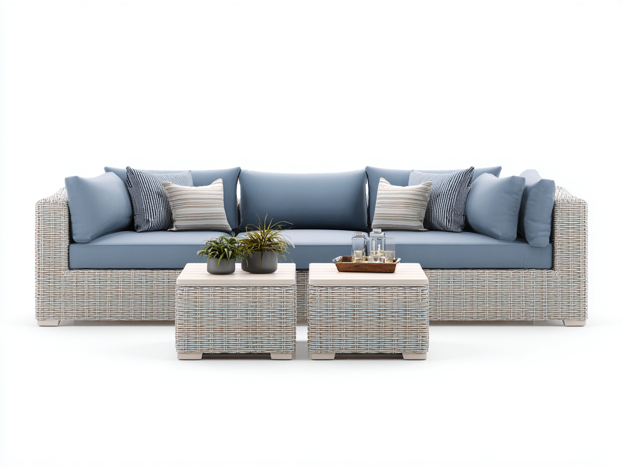 Sofá de exterior ratán 220x85x75 cm color azul claro y beige con mesa para jardín diseño moderno-Luxegomart