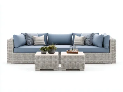 Sofá de exterior ratán 220x85x75 cm color azul claro y beige con mesa para jardín diseño moderno-Luxegomart