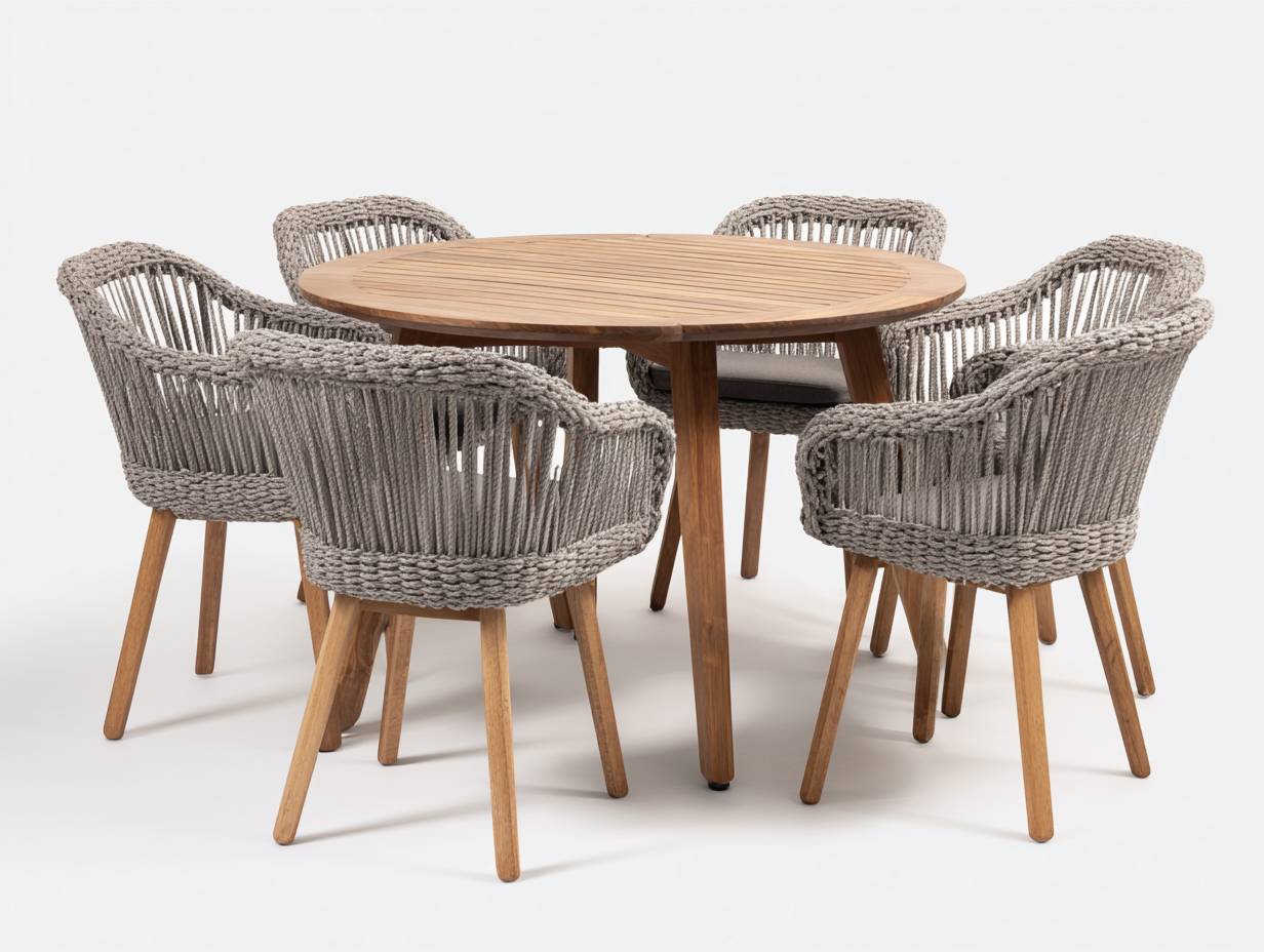 Conjunto de comedor de jardín mesa redonda madera 120x120x75 cm con 6 sillas cuerda color gris diseño natural-Luxegomart