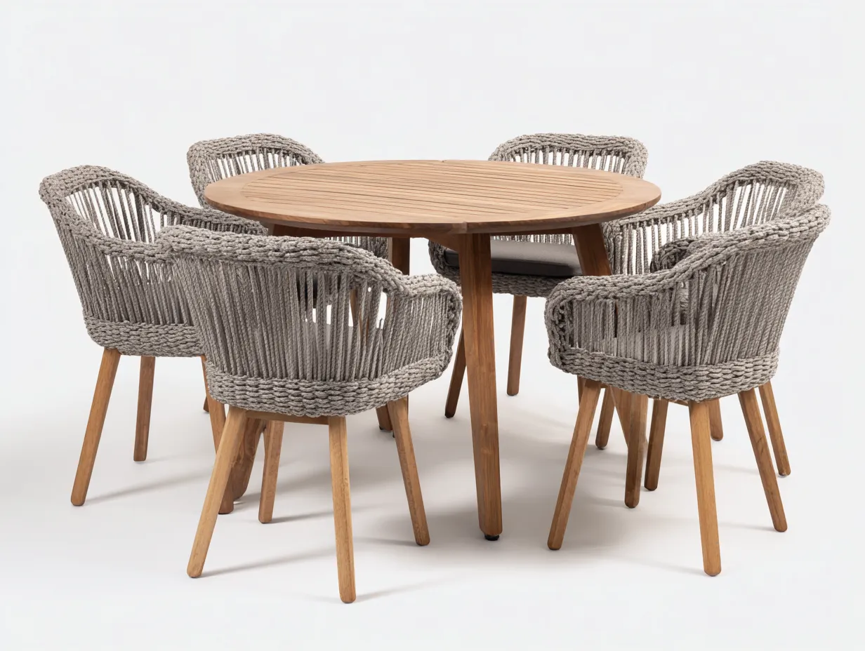 Conjunto de comedor de jardín mesa redonda madera 120x120x75 cm con 6 sillas cuerda color gris diseño natural-Luxegomart