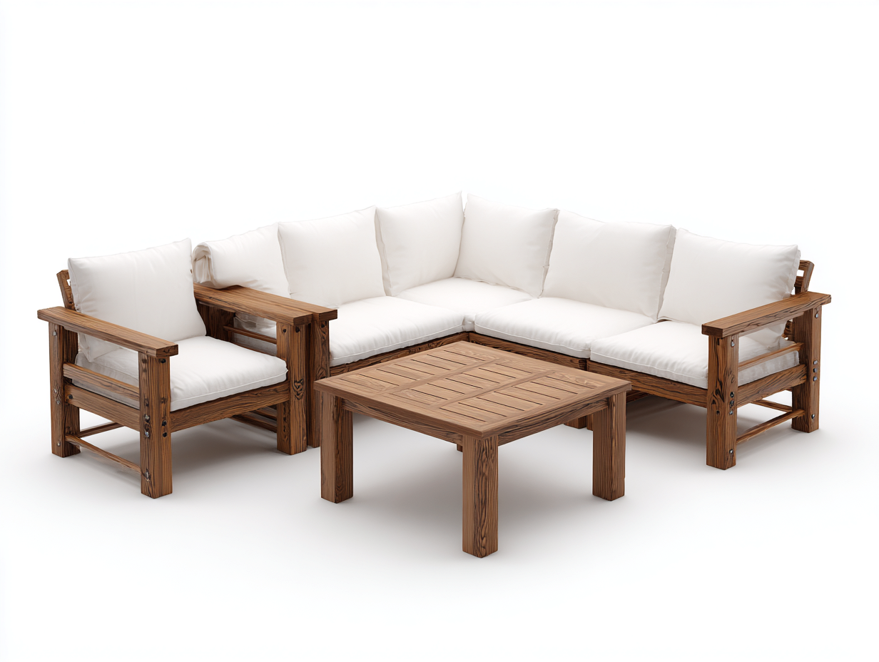 Gartensofa Holz Stoff 220x220x80 cm - Natur - Weiß - Lounge Set mit Tisch - Modernes Design für Garten und Terrasse-Roomgobay