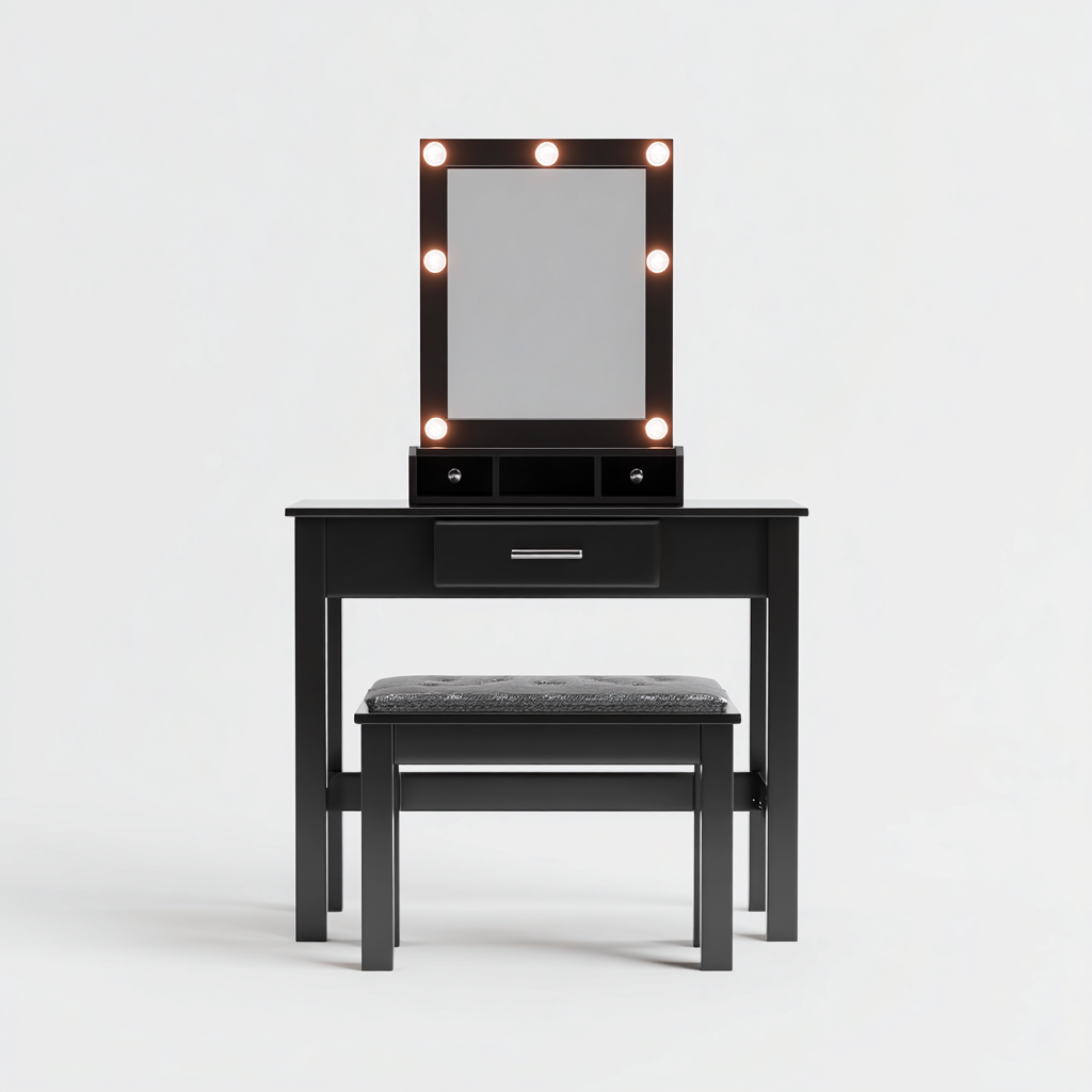 Coiffeuse meuble de maquillage panneau bois 90x40x135 cm - Noir - Design moderne avec miroir lumineux et tabouret-Luxeuply