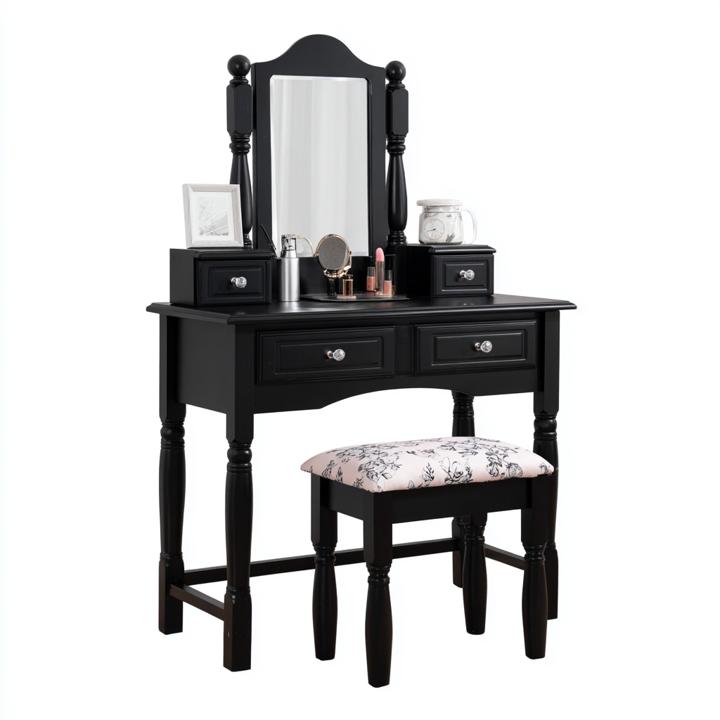 Coiffeuse en bois massif 90x40x140 cm - noir - avec miroir et tabouret style classique-Luxeuply