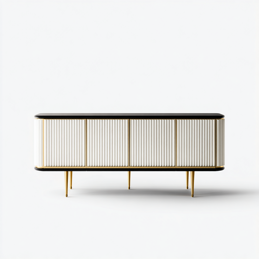 Buffet de rangement en bois 220x45x75 cm - blanc noir et or - design moderne pour salle à manger-Luxeuply