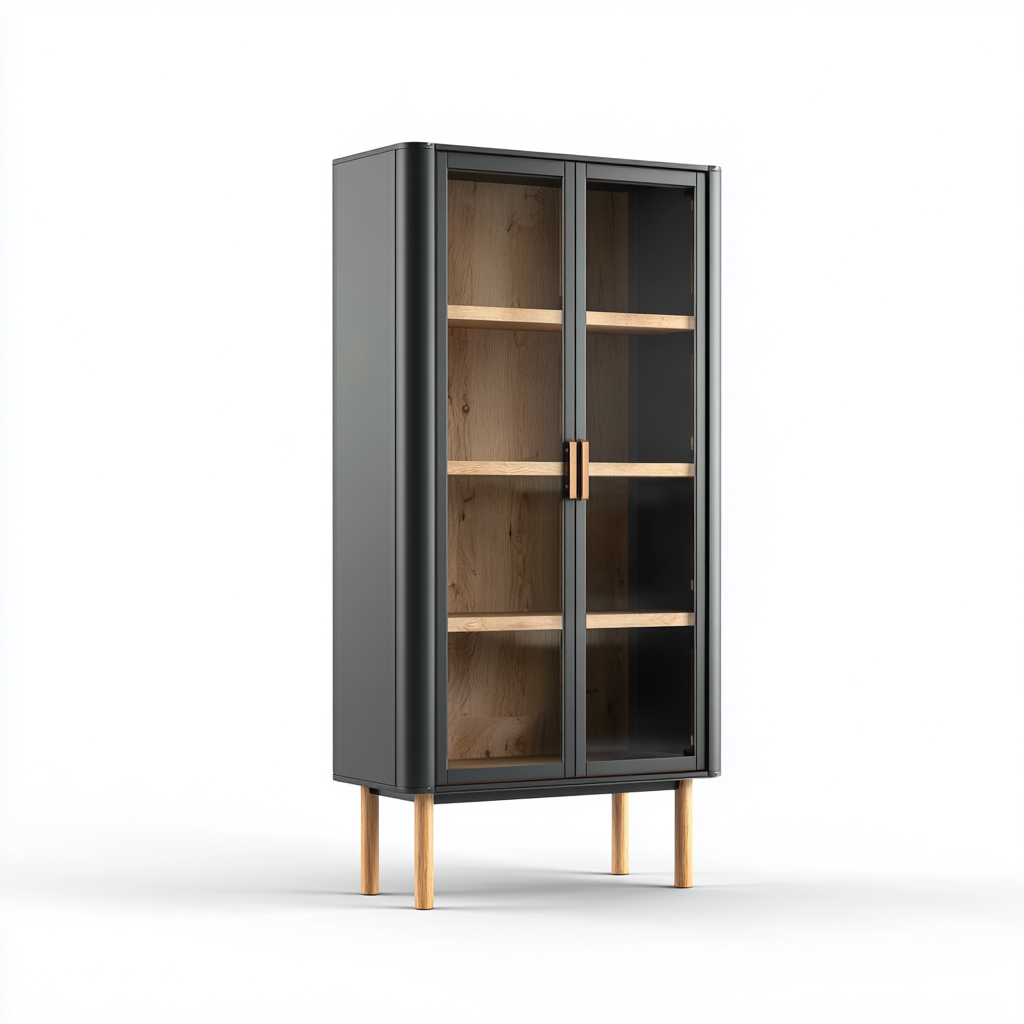 Vitrine en bois et verre - métal et bois 85x40x180 cm - noir et bois naturel - style contemporain avec rangement-Luxeuply