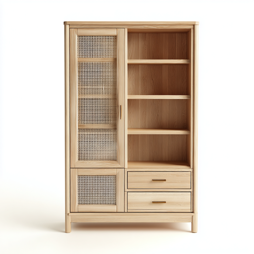 Vitrine en bois naturel et cannage 100x40x180 cm - Bois clair - Rangement décoratif moderne-Luxeuply