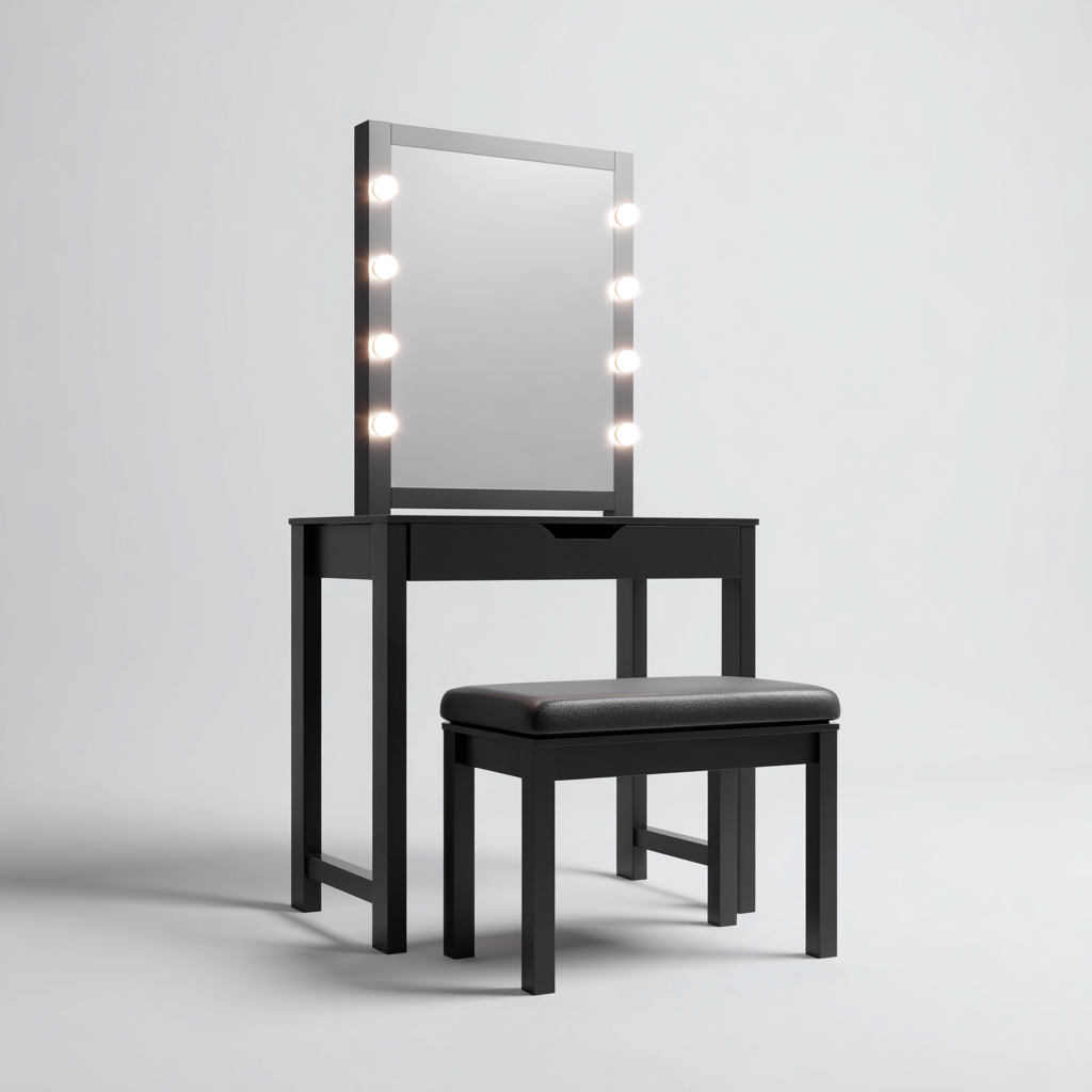 Coiffeuse en bois massif 80x40x140 cm - noir - avec miroir éclairé et tabouret design minimaliste-Luxeuply