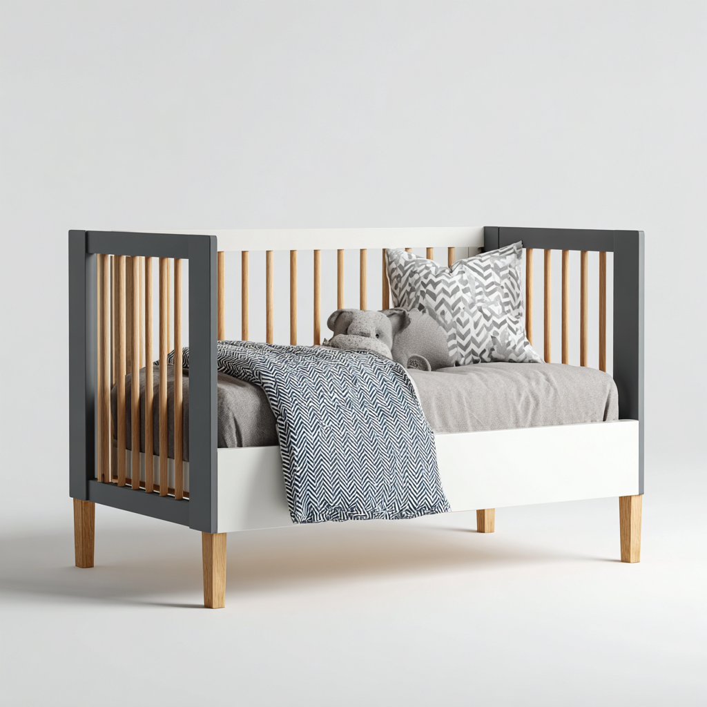 Lit bébé meuble de couchage bois et panneau 120x60x90 cm - Blanc-Gris - Design moderne avec barreaux-Luxeuply
