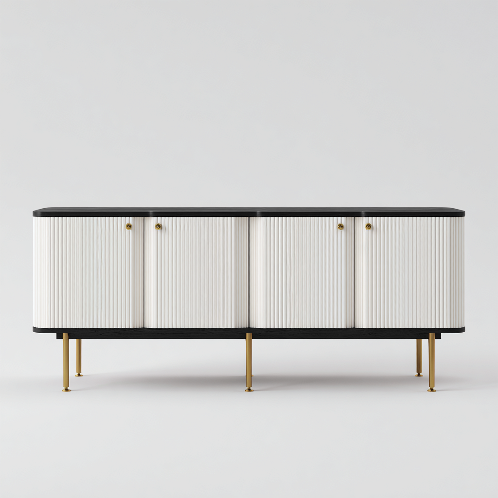 Buffet - structure bois et panneaux texturés - 180x45x78 cm - blanc-noir - design contemporain avec rangements-Luxeuply