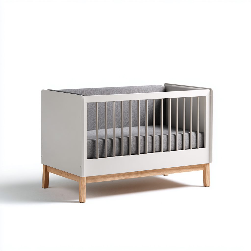 Lit bébé meuble de couchage bois et panneau 120x60x90 cm - Blanc-Gris - Design moderne avec barreaux et tête rembourrée-Luxeuply