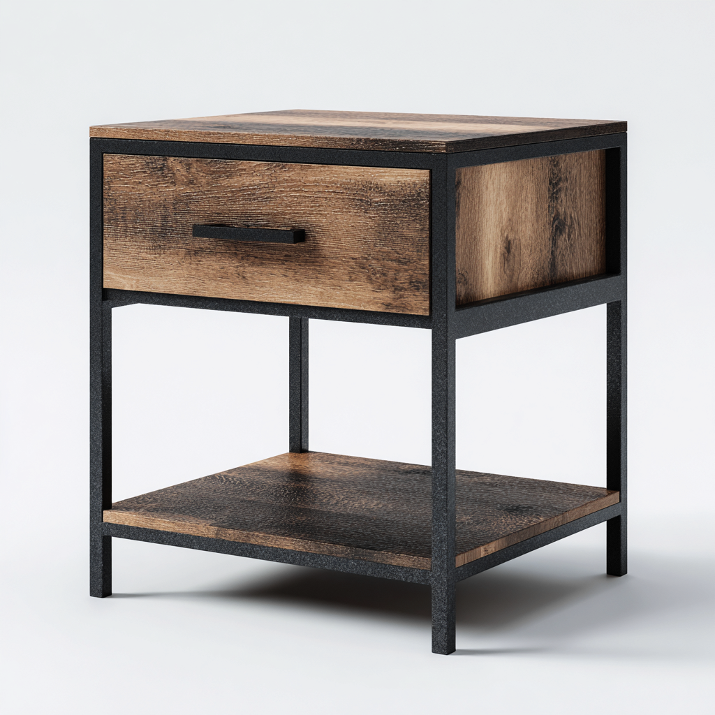 Table de chevet meuble de rangement métal et bois 45x40x50 cm - Bois naturel-Noir - Design industriel avec tiroir et étagère-Luxeuply