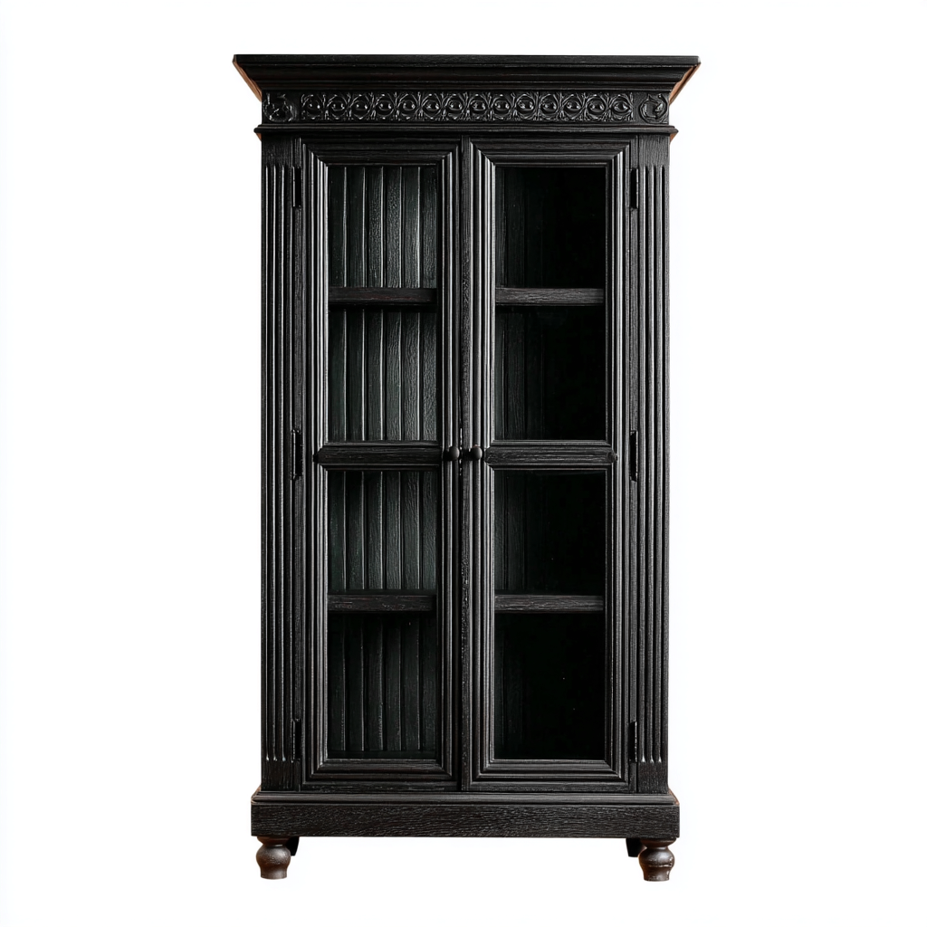 Vitrine en bois massif avec portes vitrées 100x45x185 cm - Noir - Design classique sculpté-Luxeuply