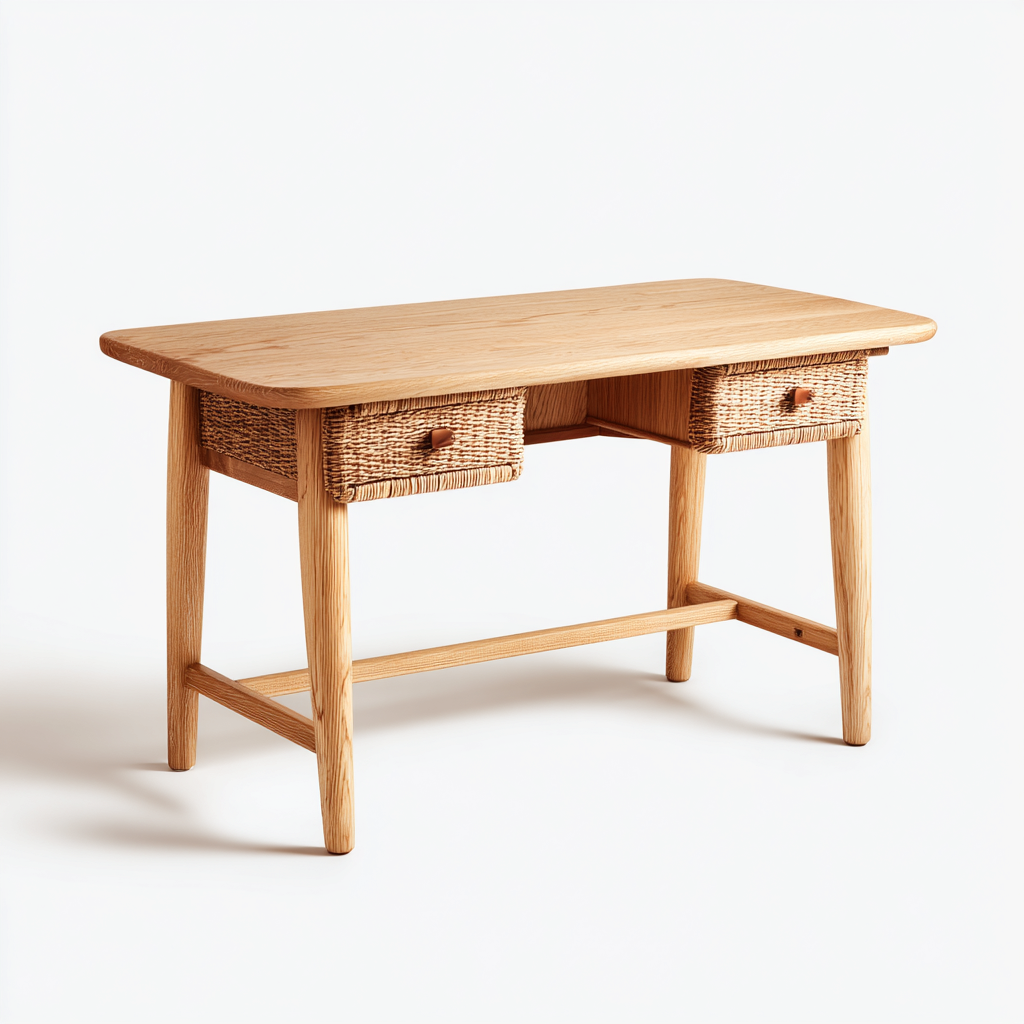 Bureau bois rotin 120x60 cm - Bois naturel - Design scandinave avec tiroirs-Luxeuply
