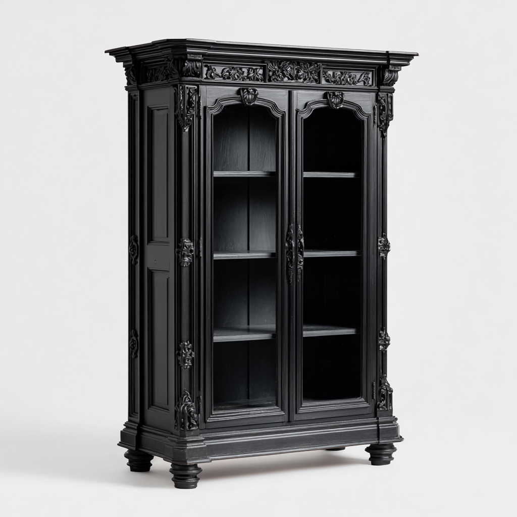 Vitrine en bois massif avec portes vitrées 110x45x190 cm - Noir - Design classique sculpté-Luxeuply