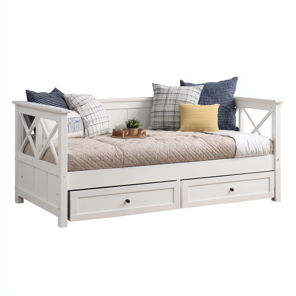 Canapé lit en bois massif 205x95x80 cm - blanc - avec tiroirs de rangement et style maison de campagne-Luxeuply