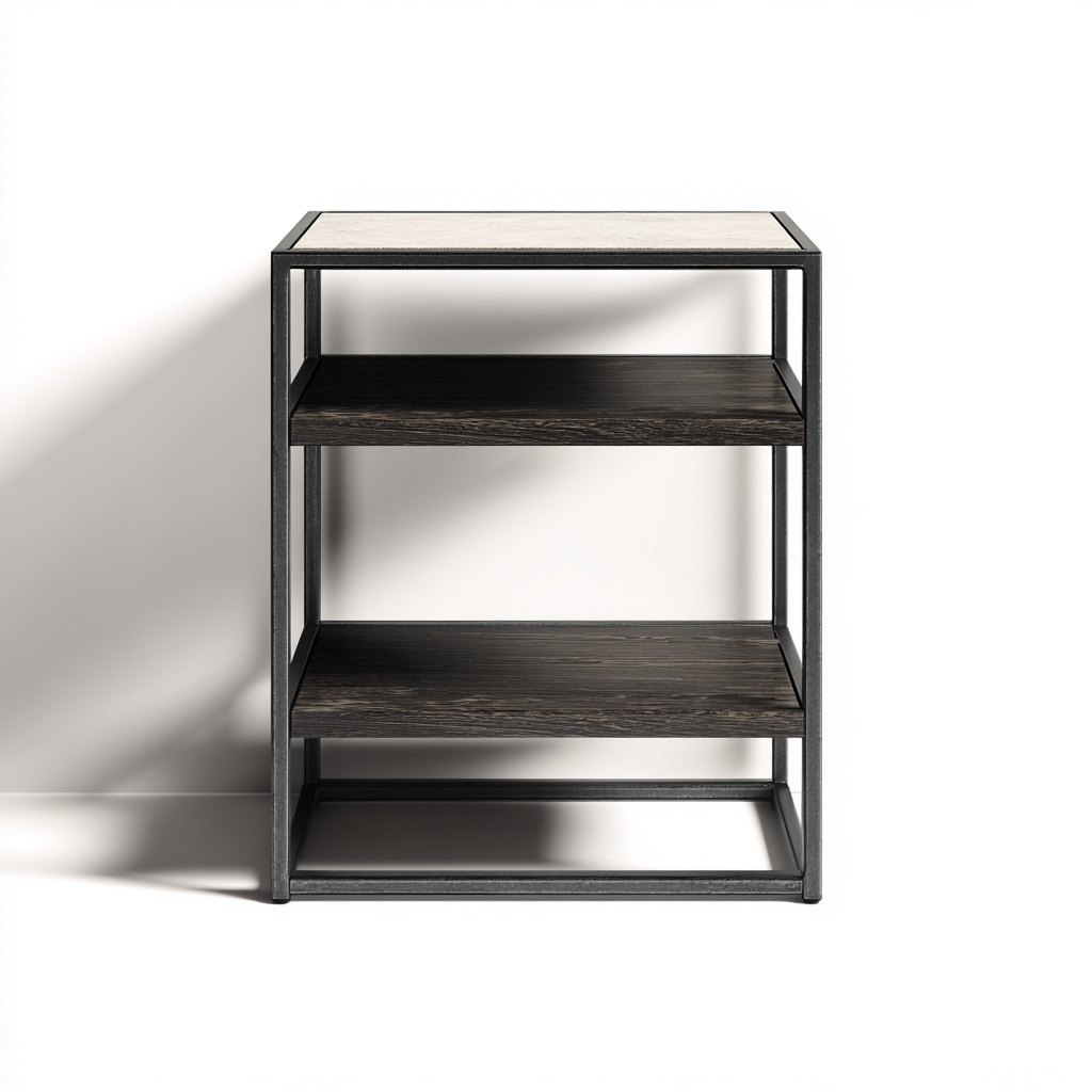 Table de chevet meuble de rangement métal et bois 40x35x60 cm - Bois foncé-Noir - Design moderne avec étagères ouvertes-Luxeuply