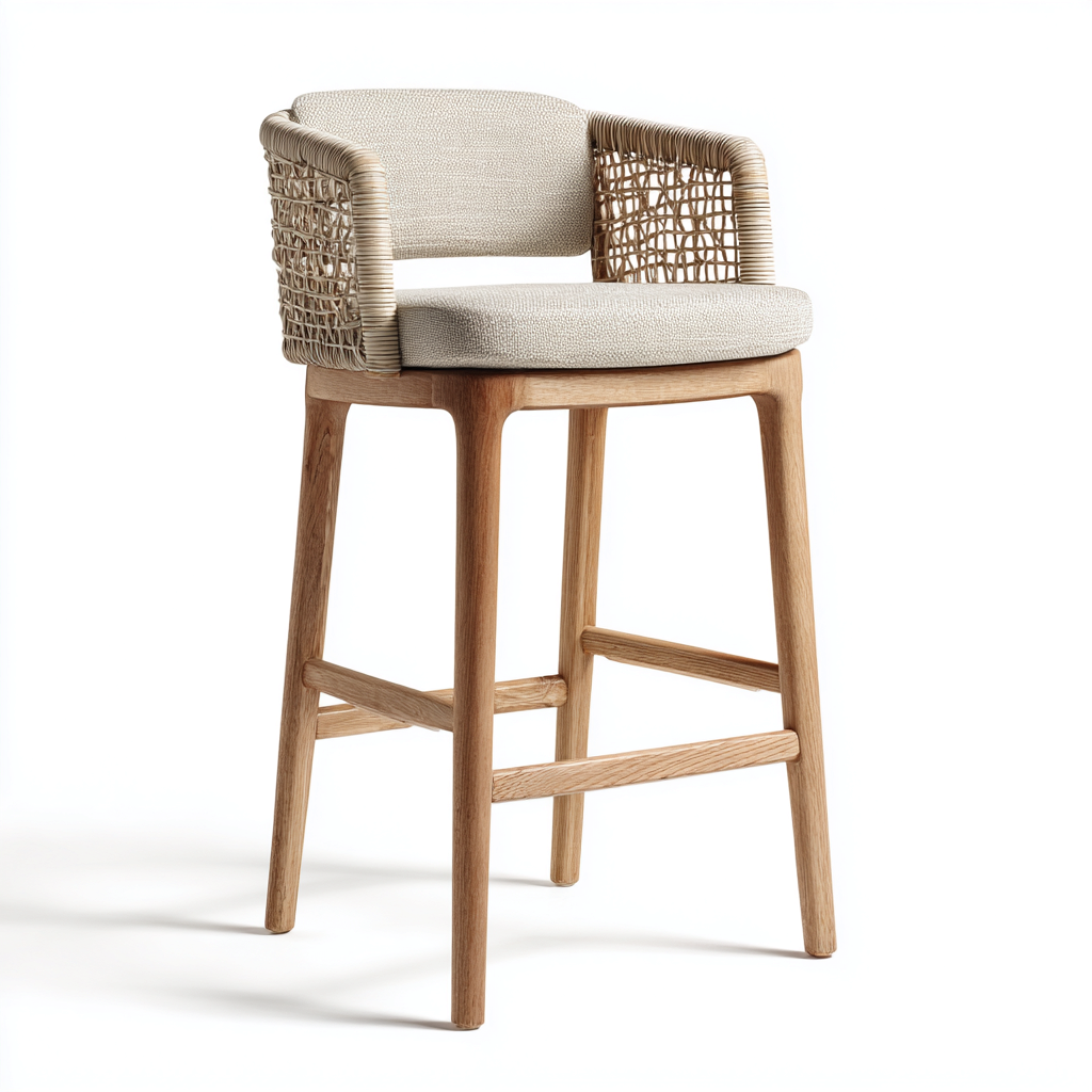 Tabouret de bar bois et rotin 55x55x95 cm - Beige - Design naturel avec accoudoirs-Luxeuply