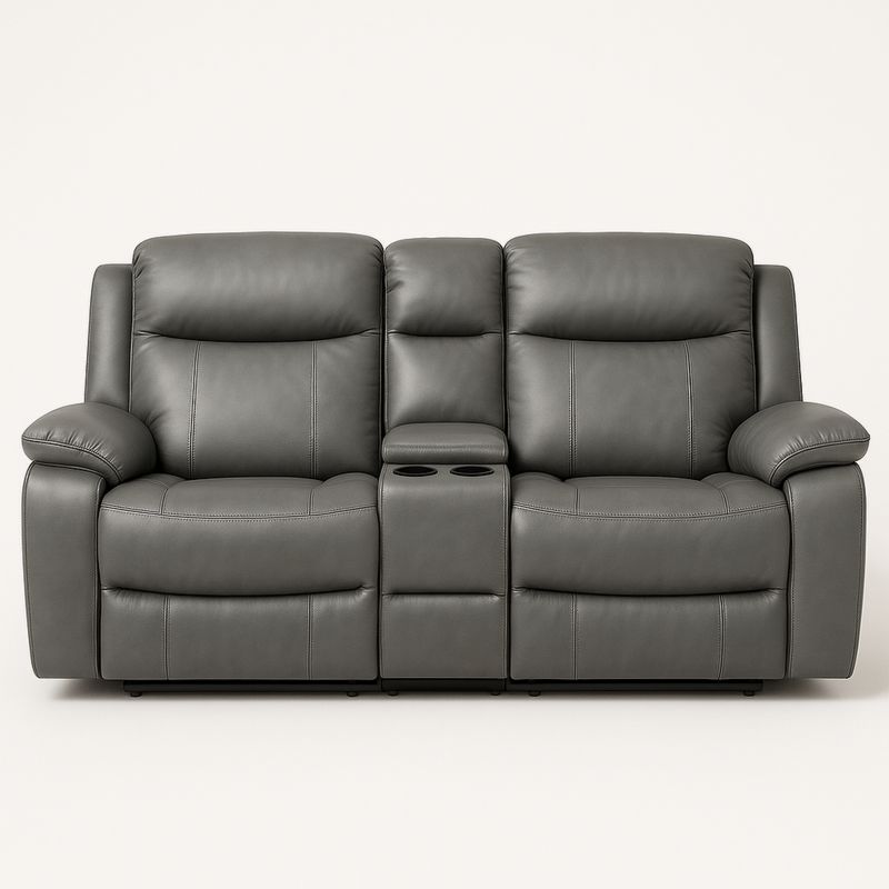 Szara sofa 2-osobowa z funkcją relax i skórzaną tapicerką PVC