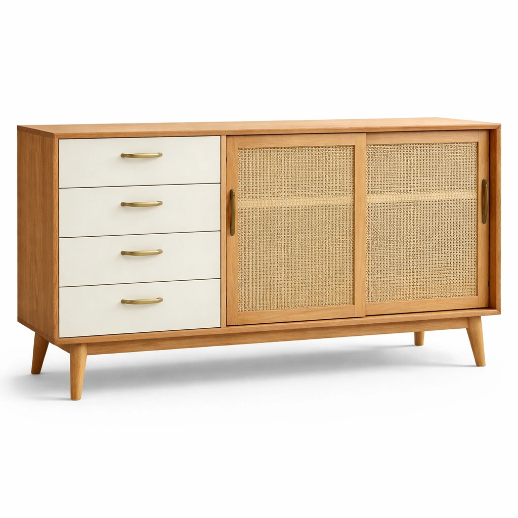 Buffet avec portes coulissantes rotin bois naturel-Lumtriva