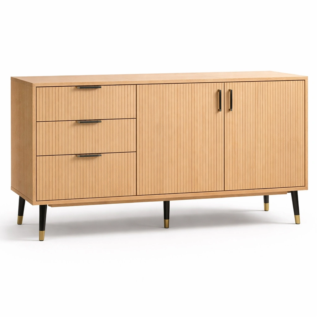 Buffet moderne rainure bois avec portes et tiroirs-Lumtriva