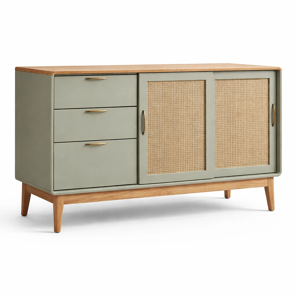 Buffet rotin avec tiroirs et portes vert doux-Lumtriva