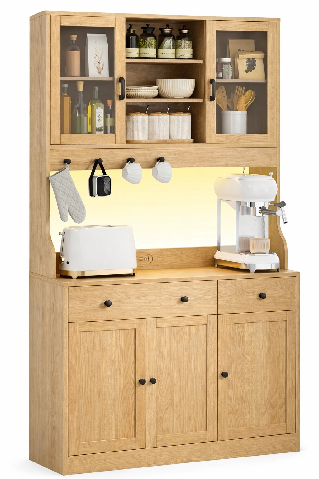 Buffet cuisine avec etageres et rangement bois clair-Lumtriva