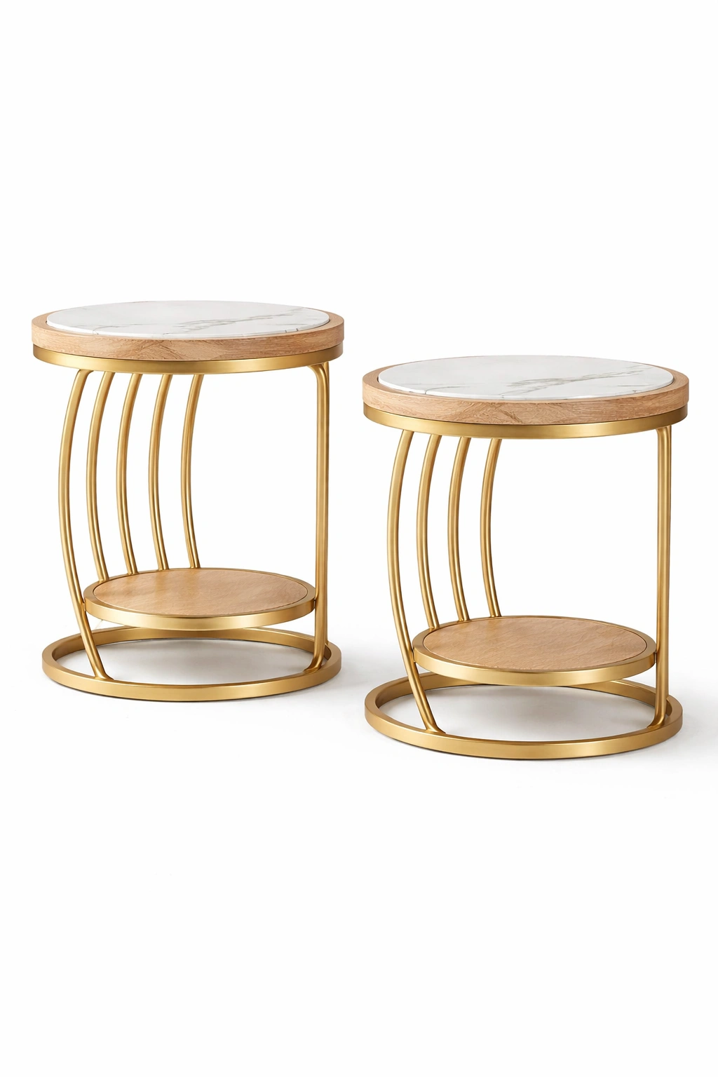 Tables gigognes rondes bois et metal dore-Lumtriva