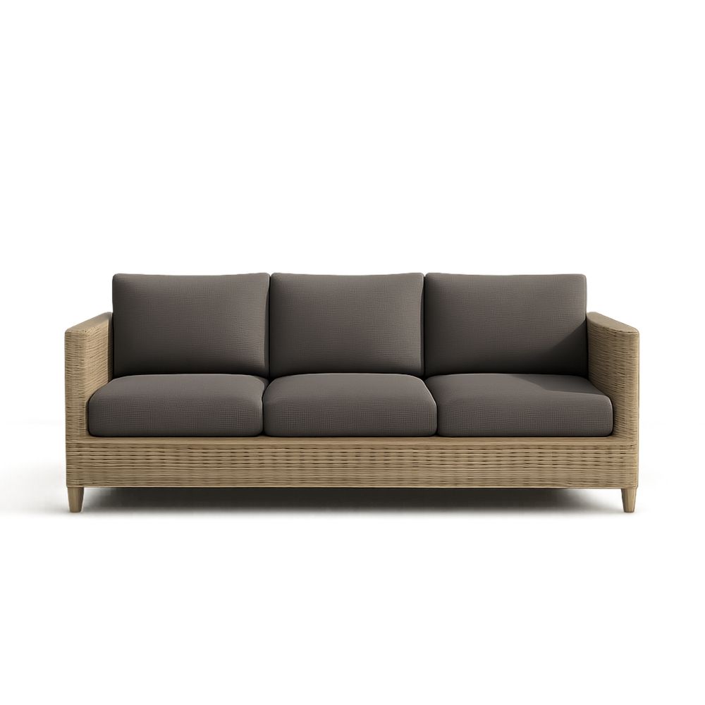 Sofa trzyosobowa z technorattanu z poduszkami poliestrowymi, brązowa