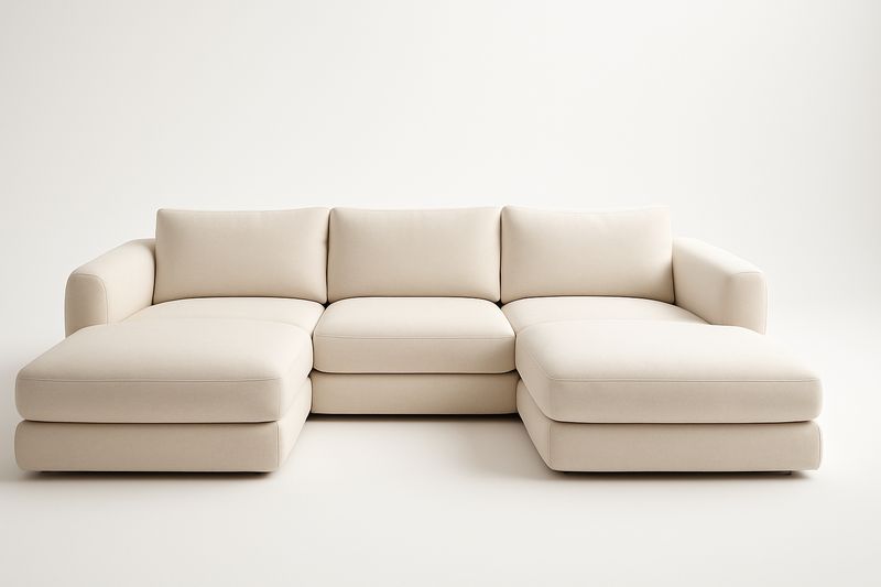 Sofa narożna, beżowa, tkanina poliester, 300×150×85 cm, stałe oparcie i siedzisko, bez montażu