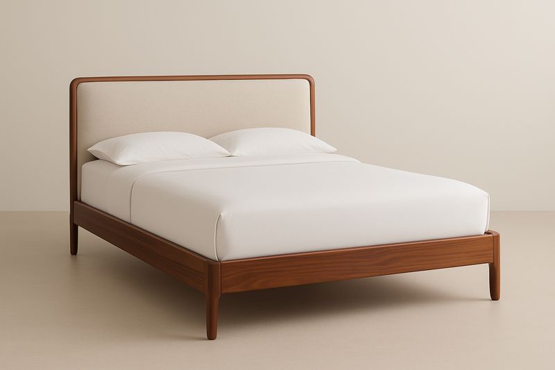 Drewniane łóżko z tapicerowanym zagłówkiem beżowe 200x150 cm