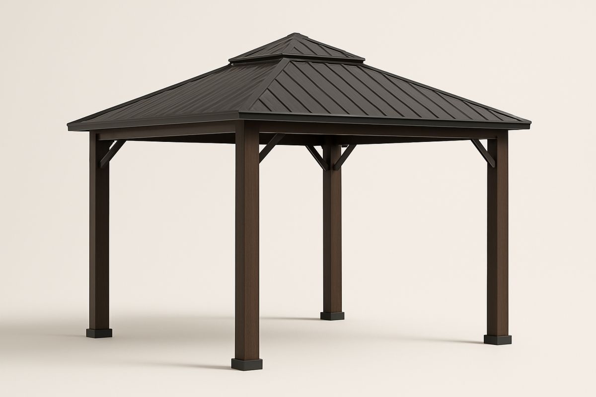 Brązowa altana ogrodowa metalowa z aluminiową ramą i stalowym dachem 300x300 cm