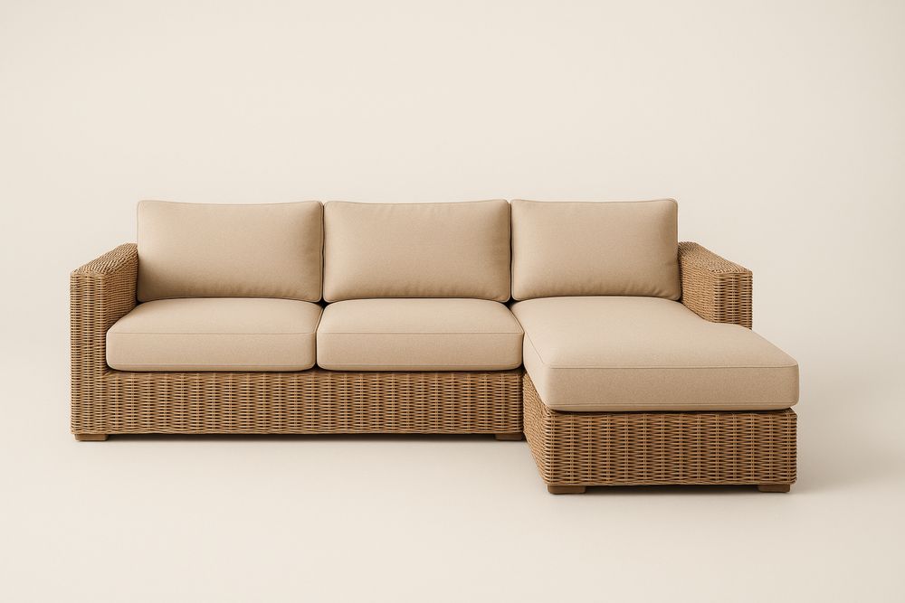 Sofa narożna z rattanu z beżowymi poduszkami