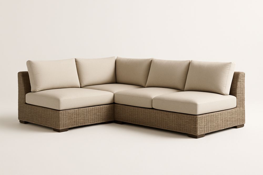 Beżowa sofa narożna z syntetycznego rattanu z poduszkami