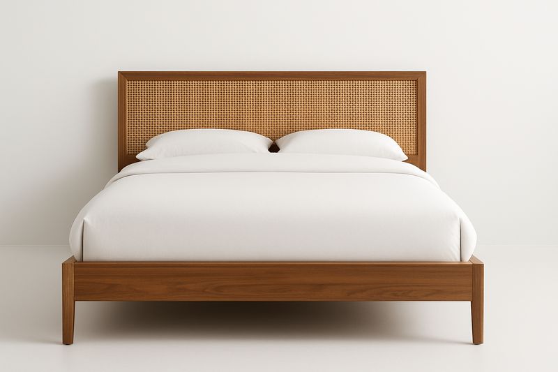 Łóżko z drewna bukowego z rattanowym wezgłowiem 160x200 cm
