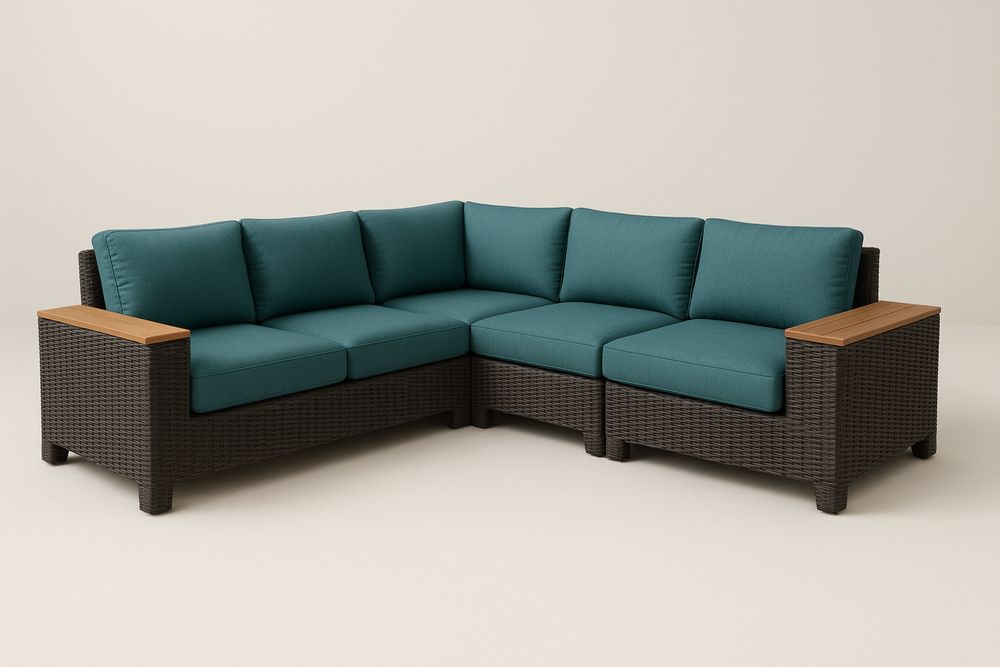 Narożna sofa z technorattanu z drewnianymi wykończeniami i poduchami w kolorze turkusowym