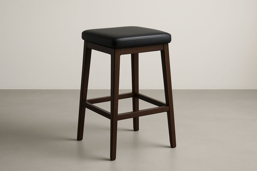 „Stołek barowy z drewna bukowego z siedziskiem z czarnej ekoskóry