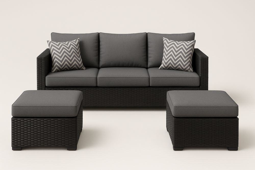Zestaw Mebli Ogrodowych z Technorattanu Sofa z Poduszkami i 2 Pufy Grafitowy