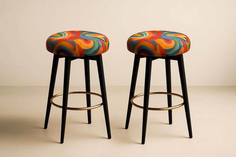 Zestaw 2 hokerów wielokolorowych, siedzisko z tkaniny poliestrowej z pianką, nogi stalowe czarne, obręcz podnóżka stal galwanizowana złota, wys. 75 cm