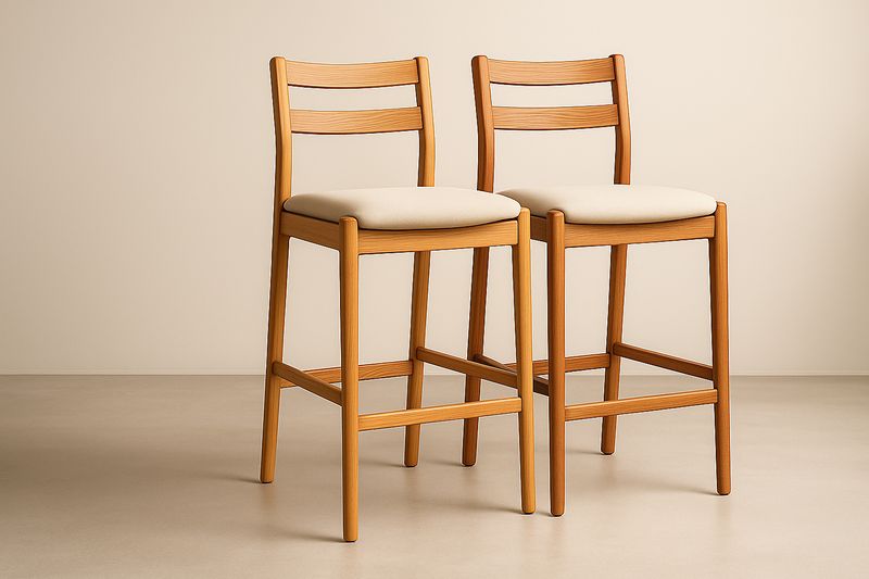 Zestaw 2 hokerów 45×50×100 cm, rama bukowa jasnobrązowa, siedzisko kremowe, tapicerka poliester z pianką poliuretanową