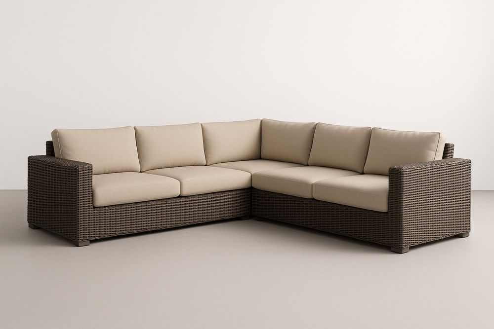 Narożna sofa z technoratanu z beżowymi poduszkami