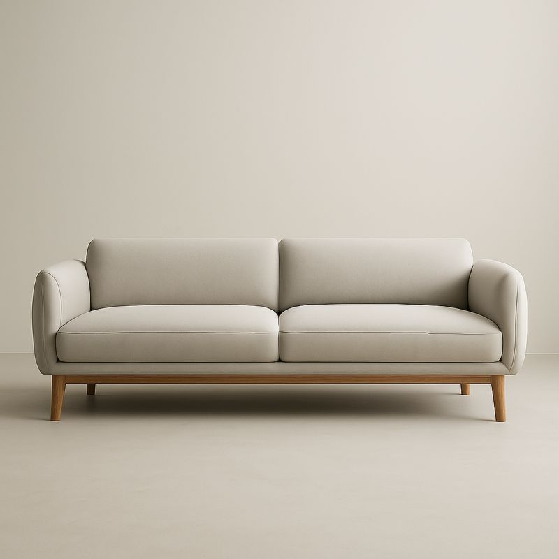 Beżowa sofa trzyosobowa z tkaniny i drewnianą podstawą