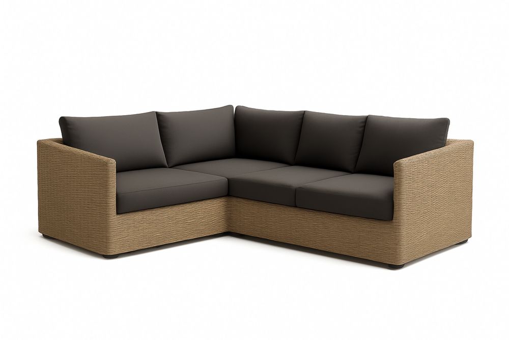 Sofa narożna z technorattanu z brązowymi poduszkami