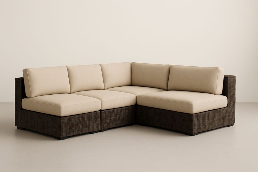 Narożnik modułowy z technorattanu z beżowymi poduszkami