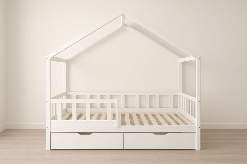 Łóżko domek dla dzieci z drewna białe z szufladami 200x90 cm